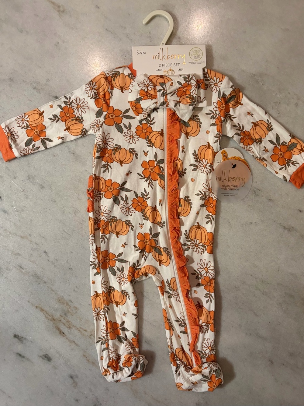 Milkberry Orange Pumpkin Floral Footed One-Piece for Kids